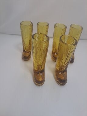Vintage Circleware Amber Glass Cowboy Boot Shot Glasses Set of 5
